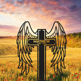 Angel Wings Cross Custom Name Metal Yard Stake - Memorial Cross Stake - Grave Marker - Cross with Wings | GearViral