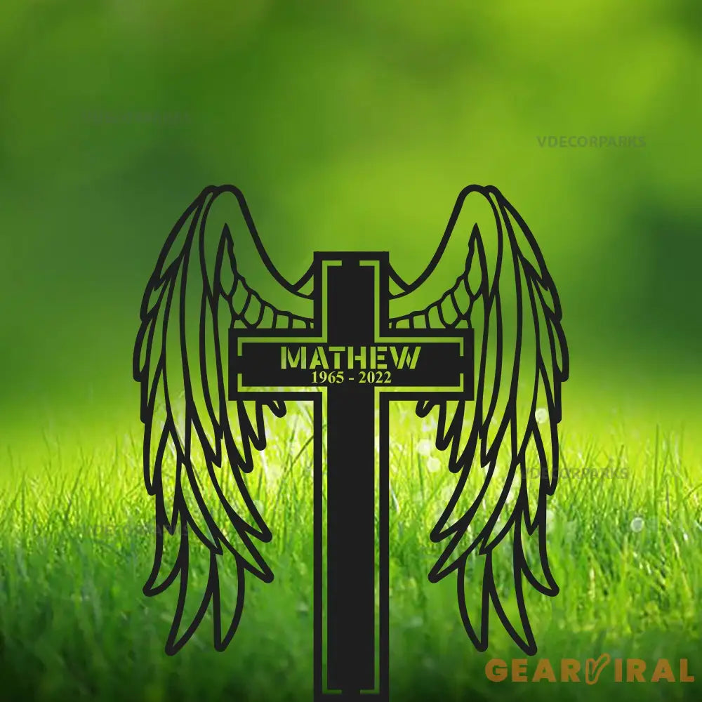 Angel Wings Cross Custom Name Metal Yard Stake - Memorial Cross Stake - Grave Marker - Cross with Wings | GearViral