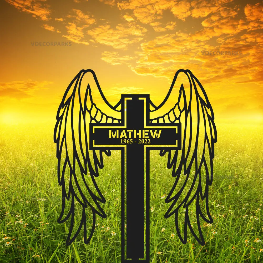 Angel Wings Cross Custom Name Metal Yard Stake - Memorial Cross Stake - Grave Marker - Cross with Wings | GearViral