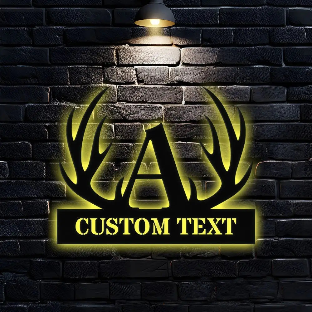 Antler Family Name Metal LED Sign - Personalized Monogram Wall Art - Last Name Initial Hanging - Housewarming Gift