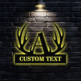 Antler Family Name Metal LED Sign - Personalized Monogram Wall Art - Last Name Initial Hanging - Housewarming Gift