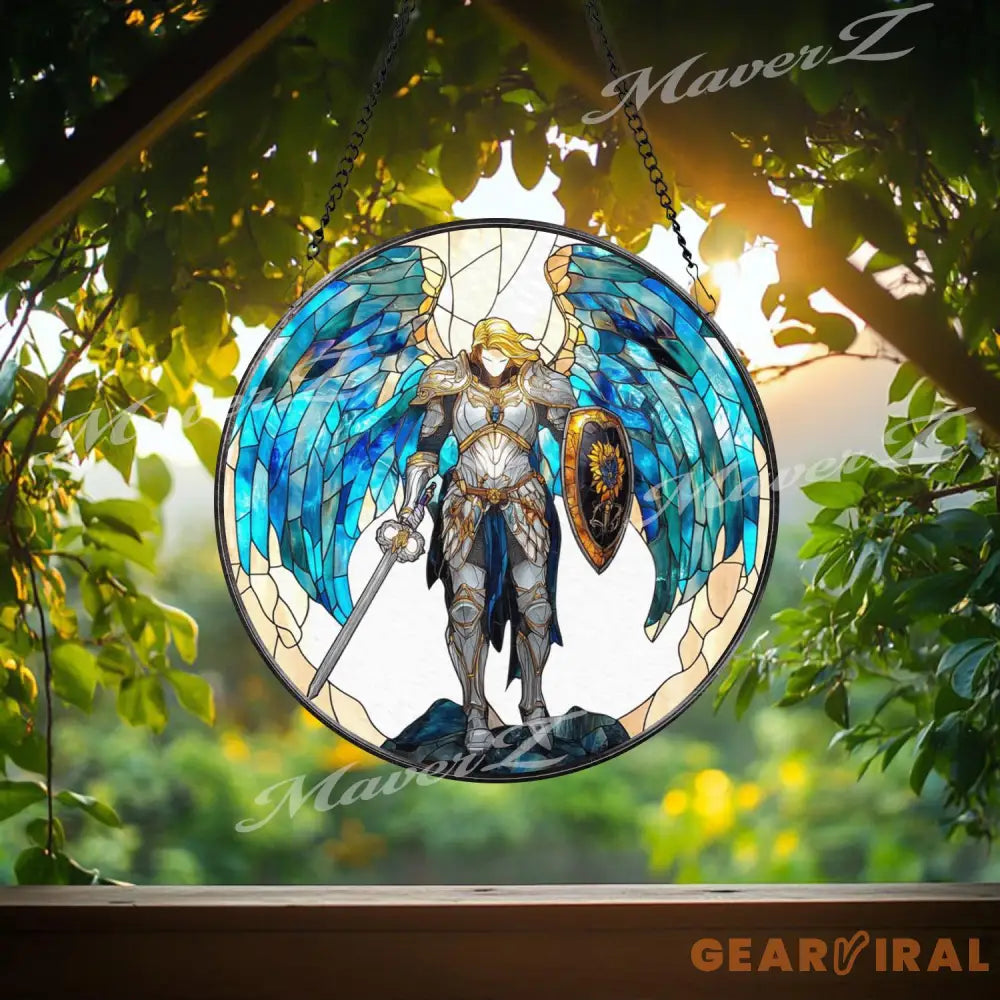 Archangel Warrior Stained Glass Suncatcher Blue Winged Sword Guardian Window Panel Angel of Protection Fantasy Glass