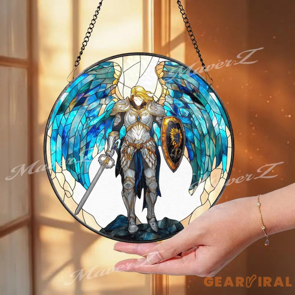 Archangel Warrior Stained Glass Suncatcher Blue Winged Sword Guardian Window Panel Angel of Protection Fantasy Glass