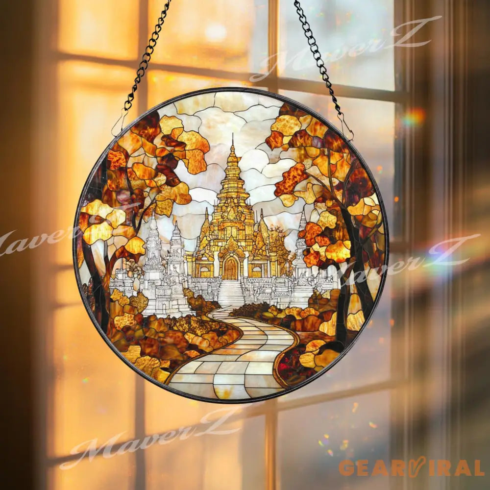 Asian Temple Autumn Stained Glass Suncatcher Tranquil Pathway Window Hanging Decor Sacred Nature Art for Zen and