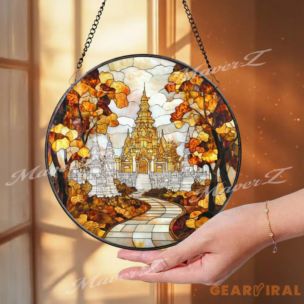Asian Temple Autumn Stained Glass Suncatcher Tranquil Pathway Window Hanging Decor Sacred Nature Art for Zen and