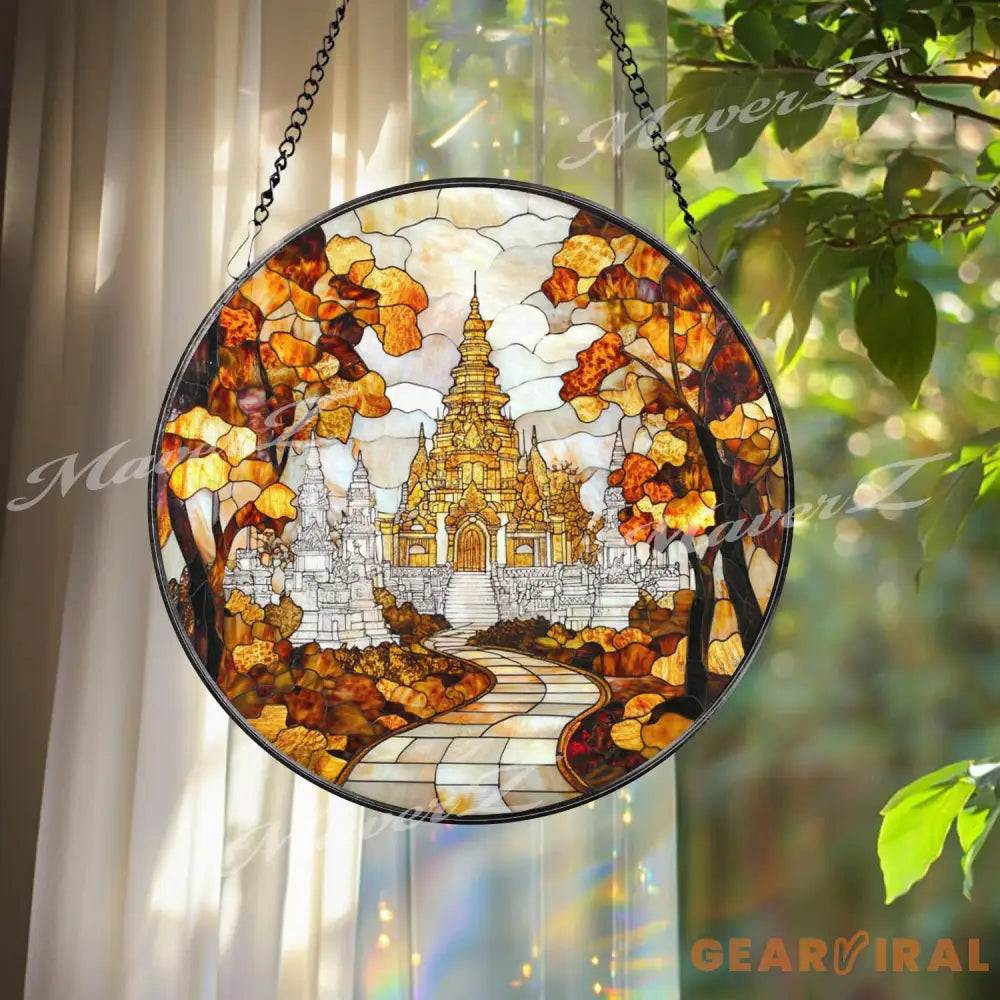 Asian Temple Autumn Stained Glass Suncatcher Tranquil Pathway Window Hanging Decor Sacred Nature Art for Zen and
