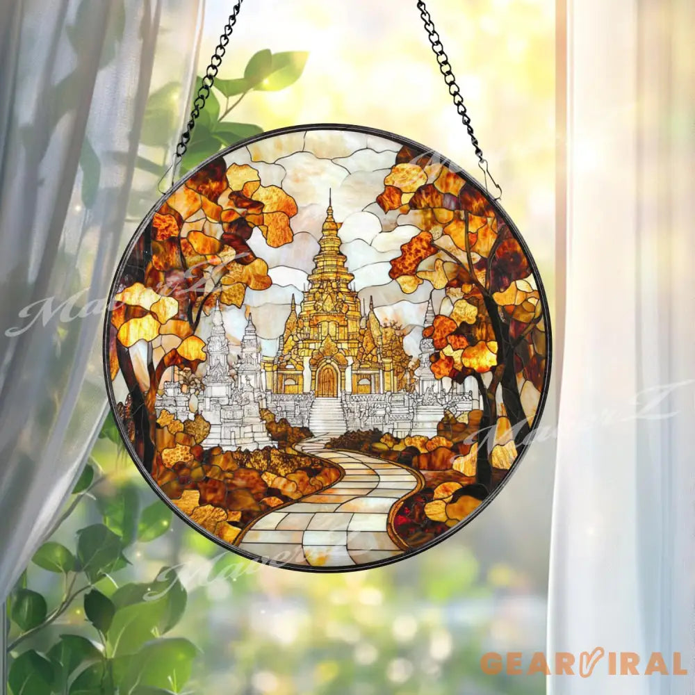 Asian Temple Autumn Stained Glass Suncatcher Tranquil Pathway Window Hanging Decor Sacred Nature Art for Zen and