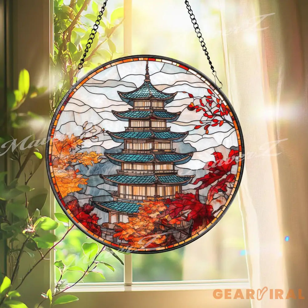 Autumn Japanese Pagoda Stained Glass Suncatcher Fall Foliage Window Hanging Temple Glass Art Panel Oriental Zen Decor