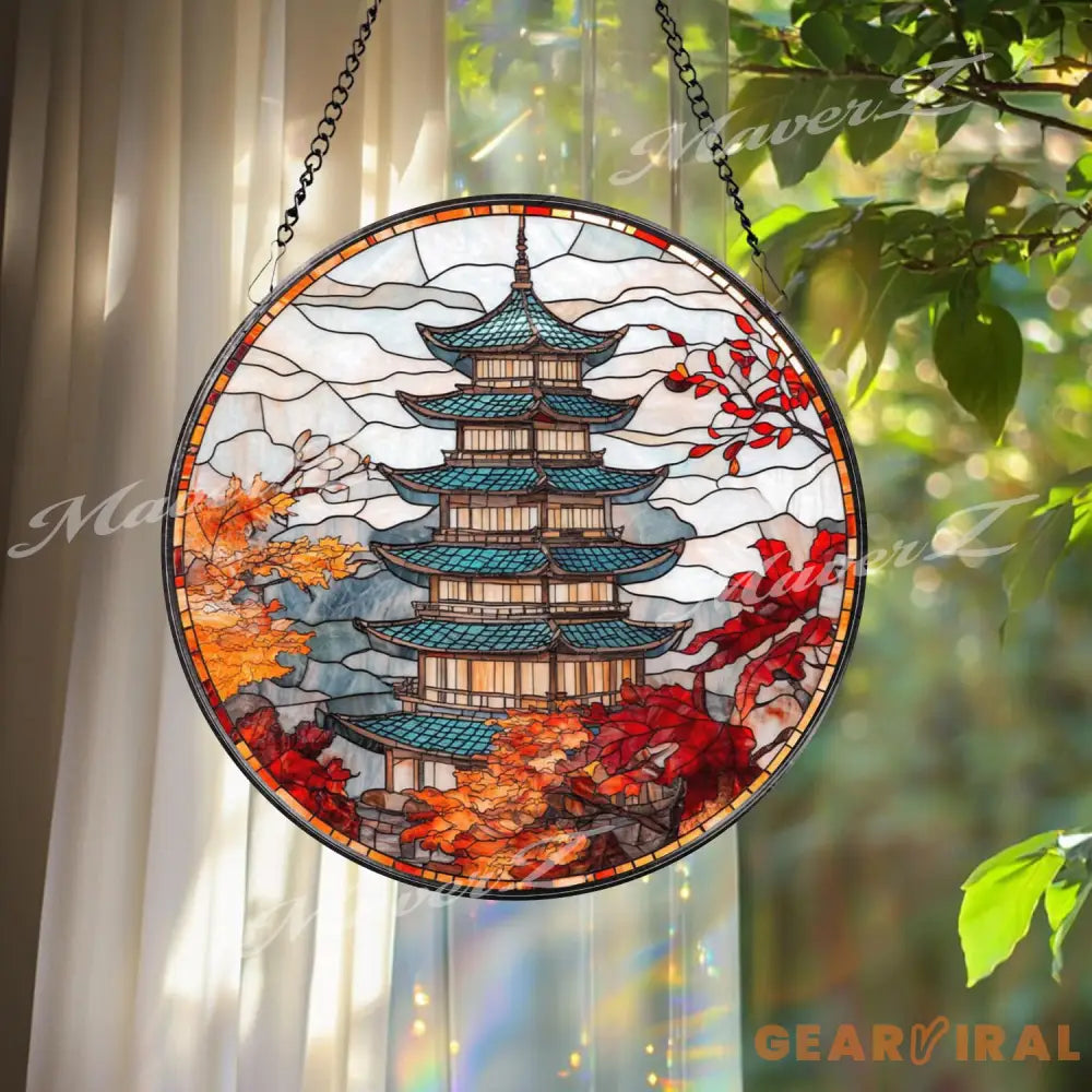 Autumn Japanese Pagoda Stained Glass Suncatcher Fall Foliage Window Hanging Temple Glass Art Panel Oriental Zen Decor