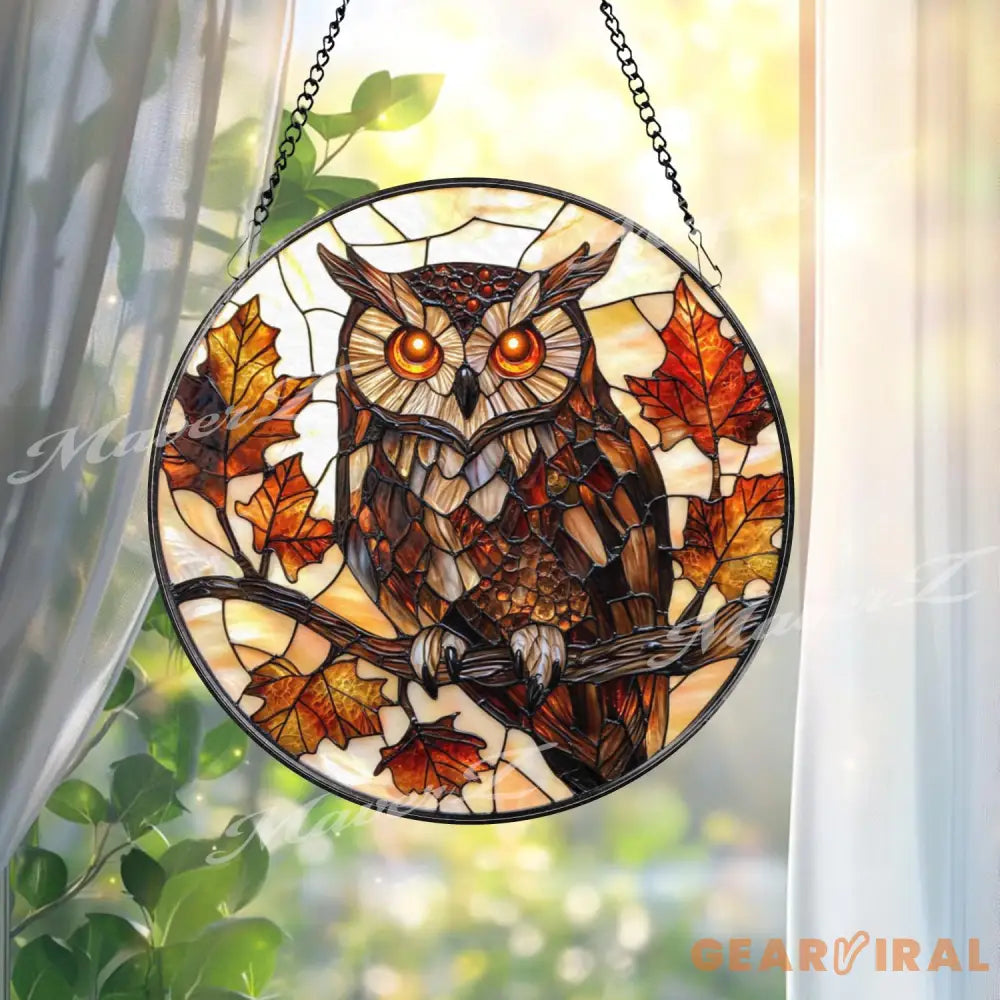 Autumn Owl Stained Glass Suncatcher Fall Leaves and Branch Window Hanging Woodland Bird Decor for Nature & Forest Lovers
