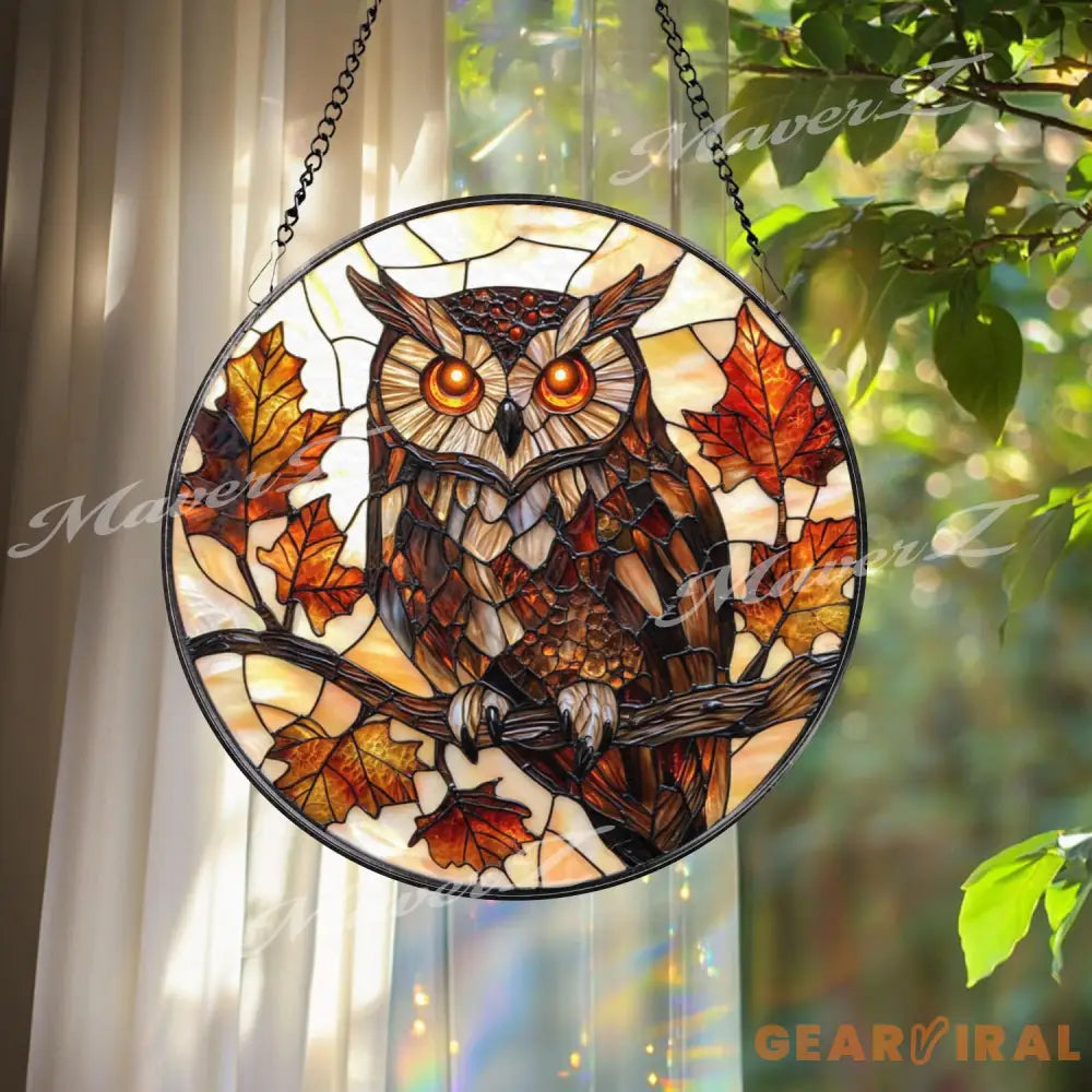 Autumn Owl Stained Glass Suncatcher Fall Leaves and Branch Window Hanging Woodland Bird Decor for Nature & Forest Lovers