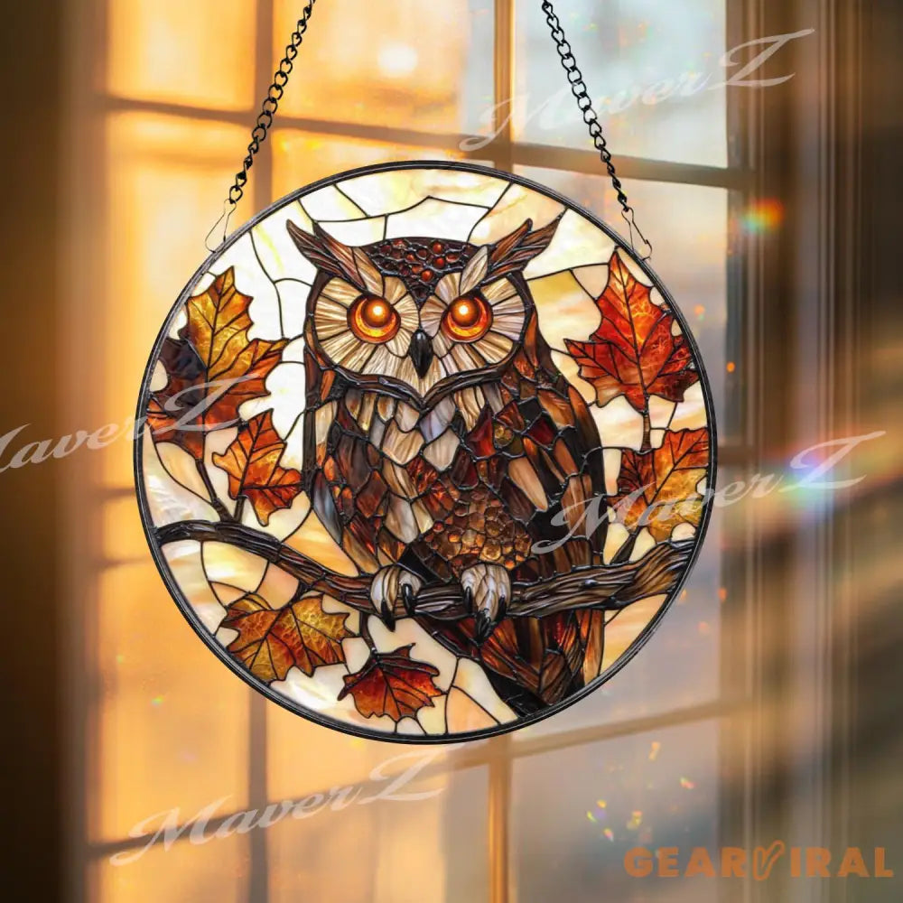 Autumn Owl Stained Glass Suncatcher Fall Leaves and Branch Window Hanging Woodland Bird Decor for Nature & Forest Lovers