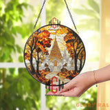 Autumn Temple Stained Glass Suncatcher Asian Pagoda Window Hanging Fall Foliage Spiritual Decor Sacred Nature Art Panel
