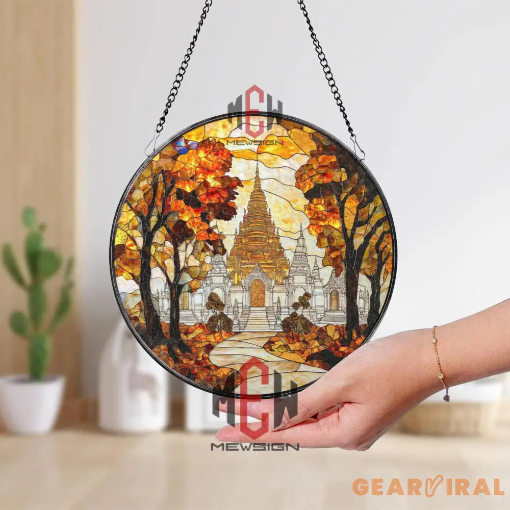 Autumn Temple Stained Glass Suncatcher Asian Pagoda Window Hanging Fall Foliage Spiritual Decor Sacred Nature Art Panel