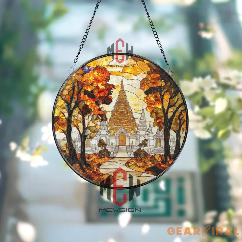 Autumn Temple Stained Glass Suncatcher Asian Pagoda Window Hanging Fall Foliage Spiritual Decor Sacred Nature Art Panel