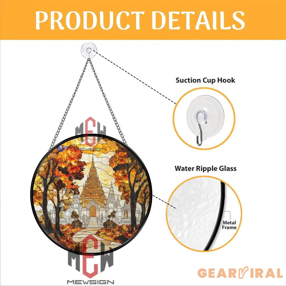 Autumn Temple Stained Glass Suncatcher Asian Pagoda Window Hanging Fall Foliage Spiritual Decor Sacred Nature Art Panel