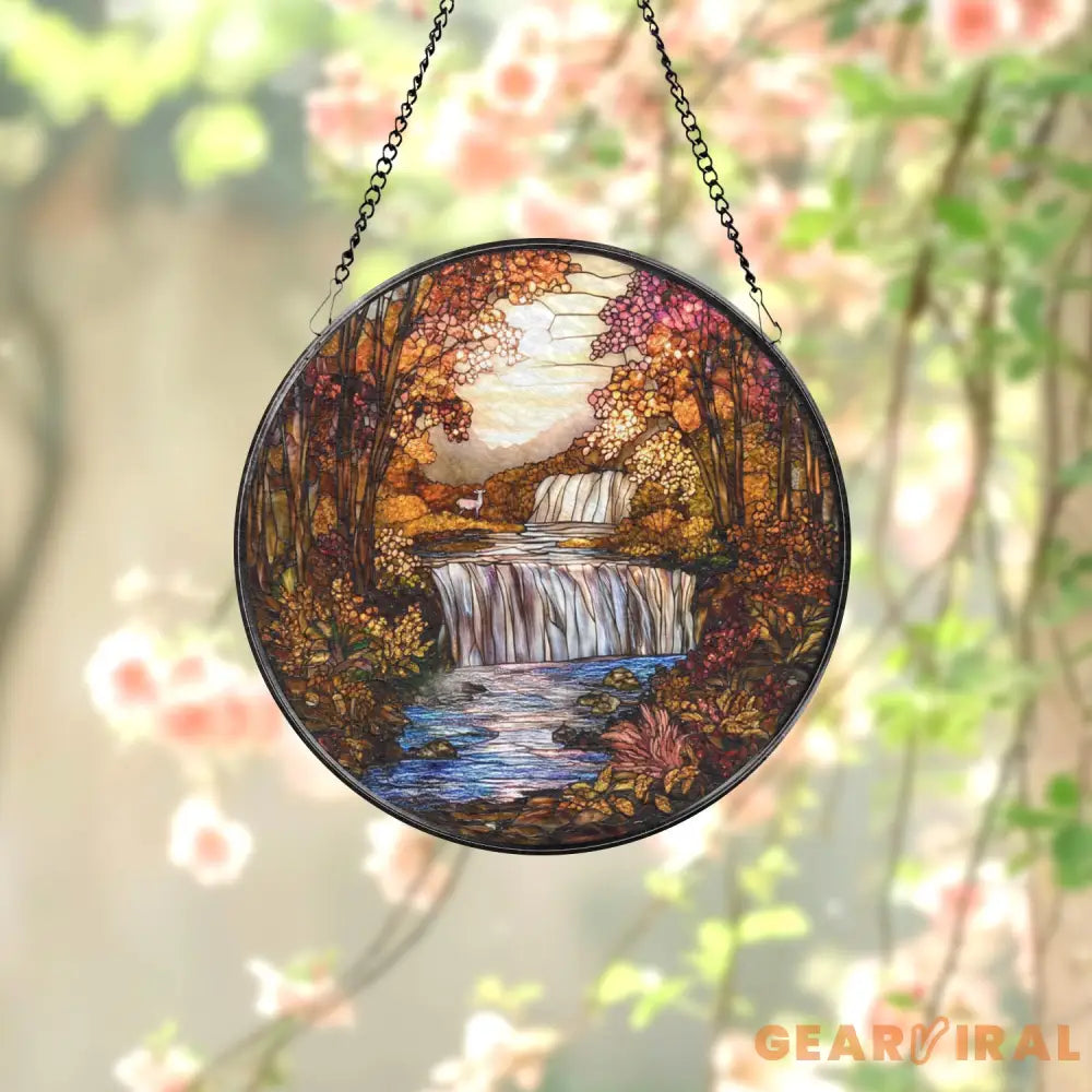 Autumn Waterfall Stained Glass Suncatcher Fall Forest Scenic Window Hanging Rustic Nature Glass Art Decor Peaceful