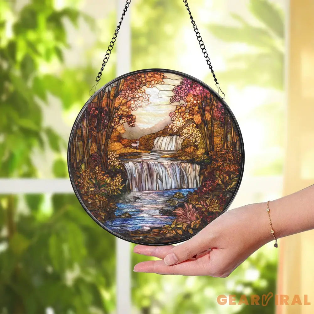 Autumn Waterfall Stained Glass Suncatcher Fall Forest Scenic Window Hanging Rustic Nature Glass Art Decor Peaceful