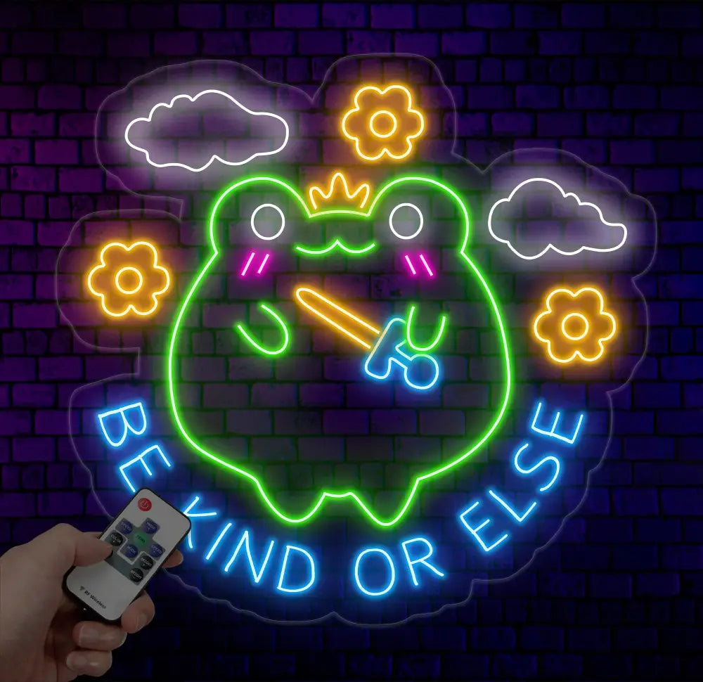 Be Kind or Else Funny Frog Neon Sign - Kawaii Nursery Wall Art Cute Frog LED Light for Kids Children’s Room Decor