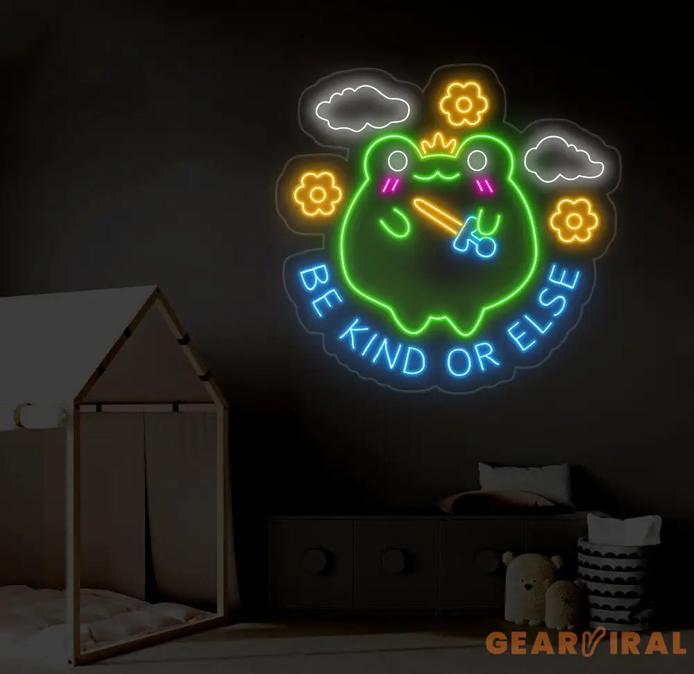 Be Kind or Else Funny Frog Neon Sign - Kawaii Nursery Wall Art Cute Frog LED Light for Kids Children’s Room Decor