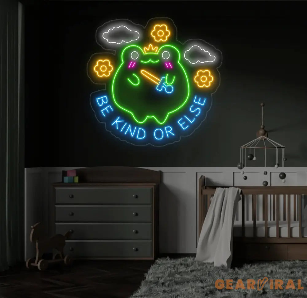 Be Kind or Else Funny Frog Neon Sign - Kawaii Nursery Wall Art Cute Frog LED Light for Kids Children’s Room Decor
