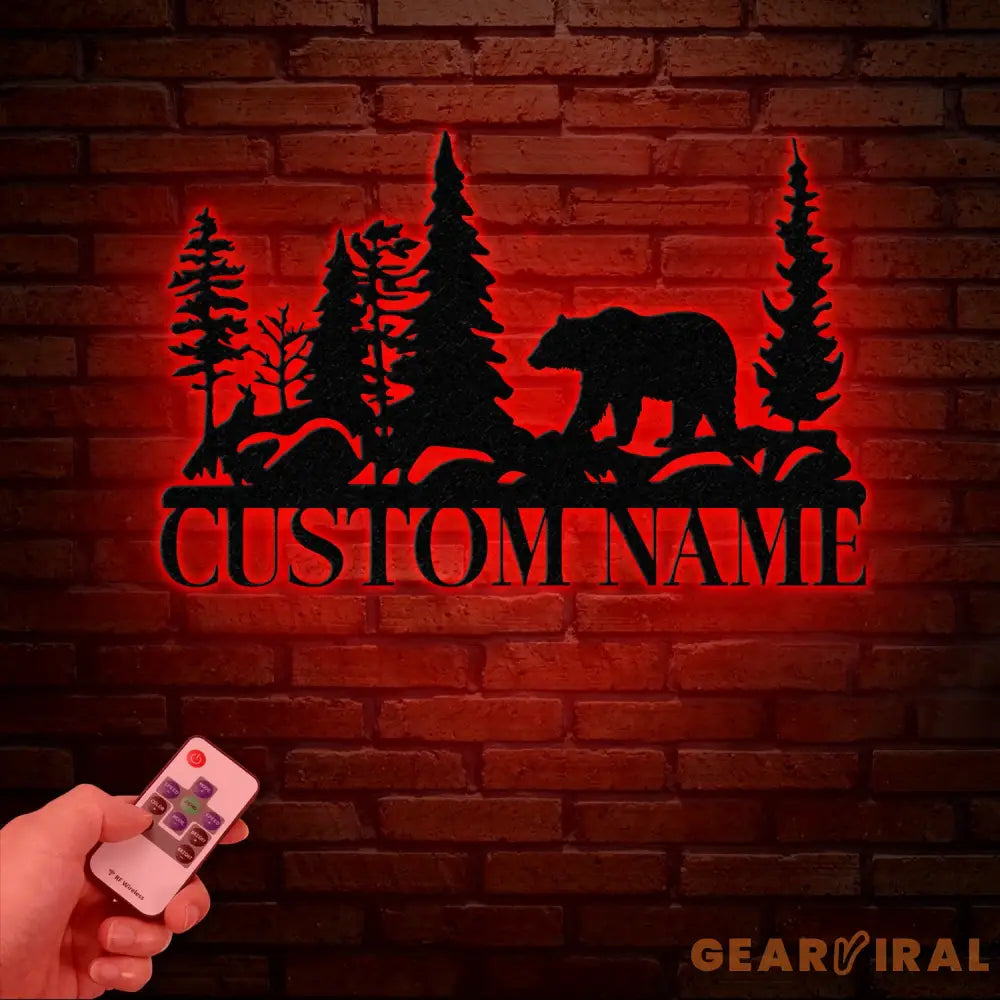 Bear and Forest Custom Metal Sign with Name Personalized LED Backlit Wall Art Perfect Rustic Cabin Decor or Outdoor