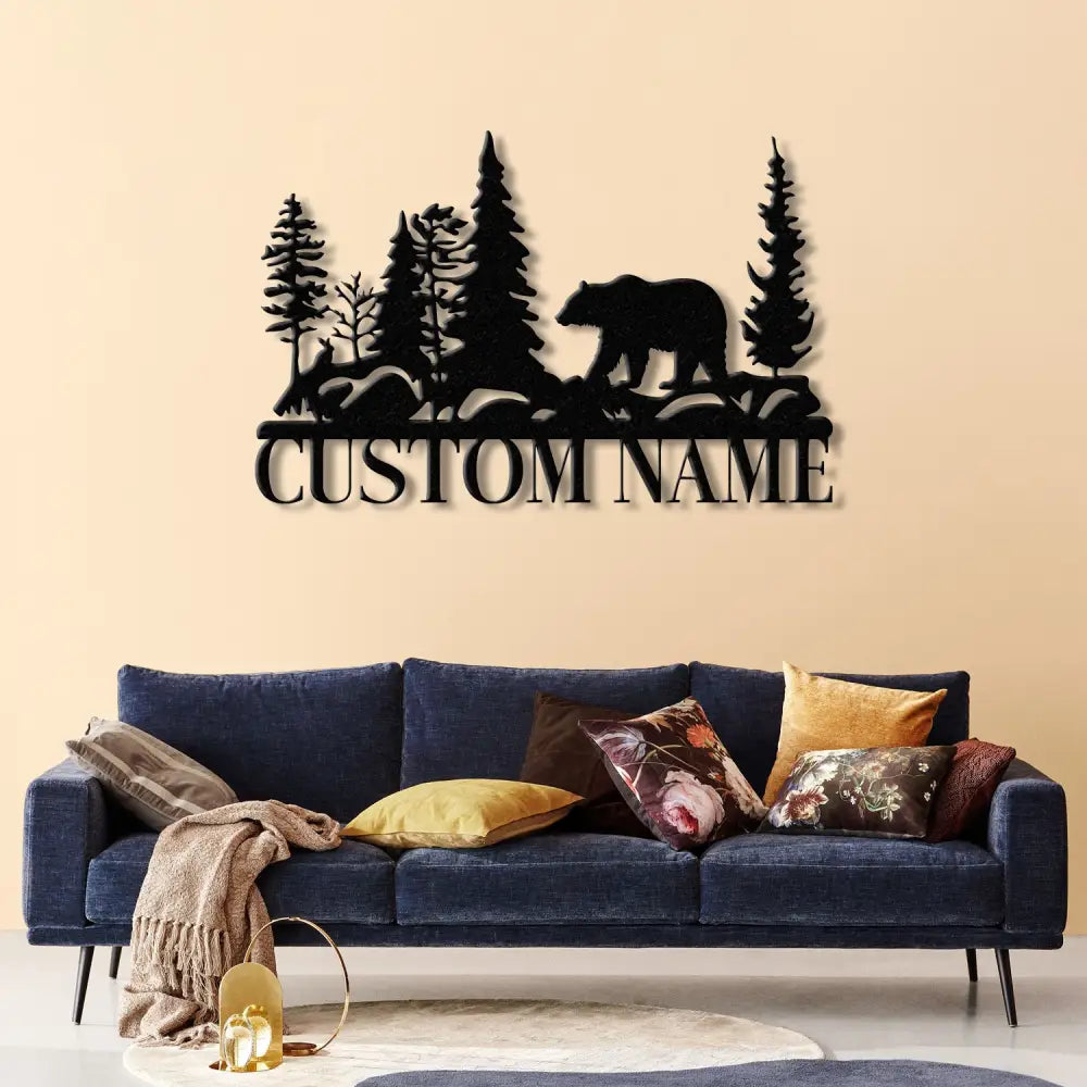 Bear and Forest Custom Metal Sign with Name Personalized LED Backlit Wall Art Perfect Rustic Cabin Decor or Outdoor