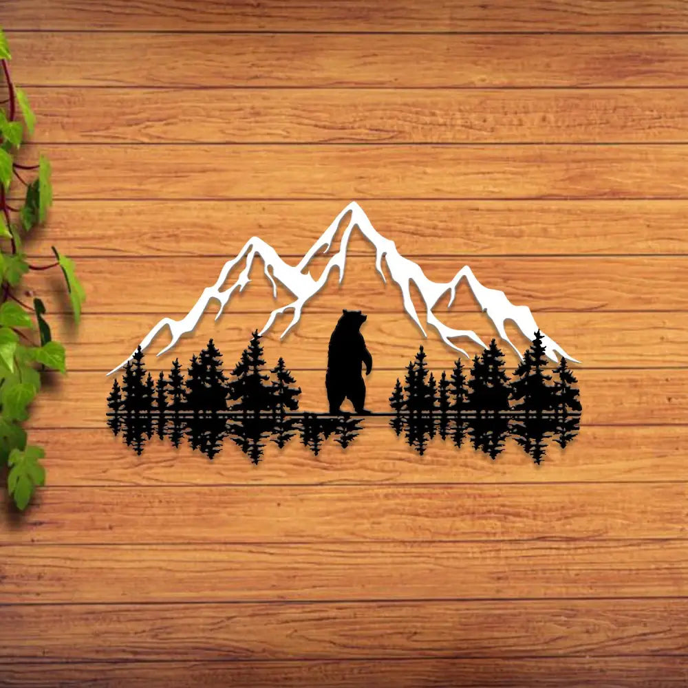 Bear & Mountain Forest Silhouette Metal Wall Art Nature Decor Gift Nature Metal Wall Art Room Decor Outdoor Decor