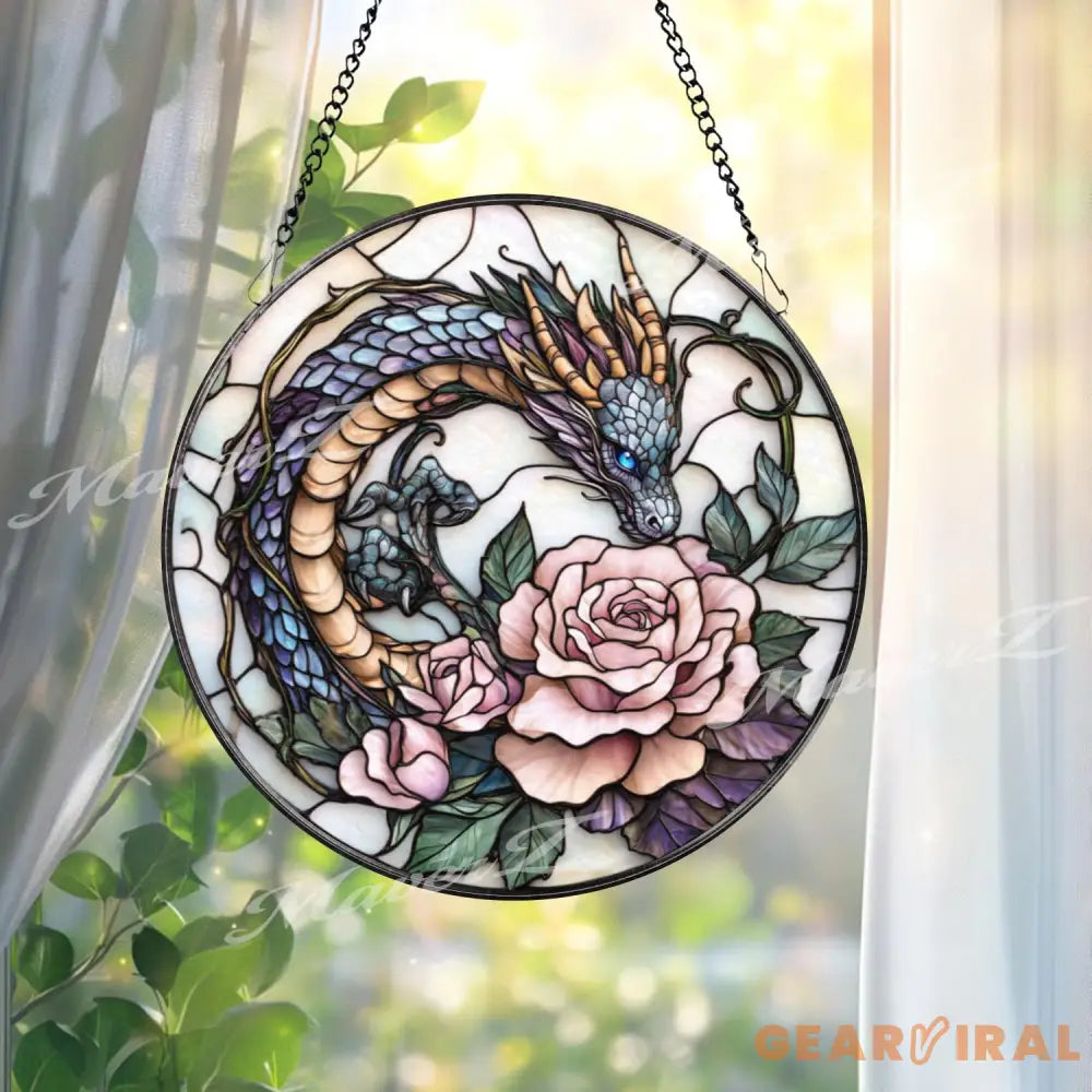 Bearded Dragon Stained Glass Suncatcher Lizard on Rock Under Cherry Blossom Tree Reptile Pet Window Panel Nature Decor