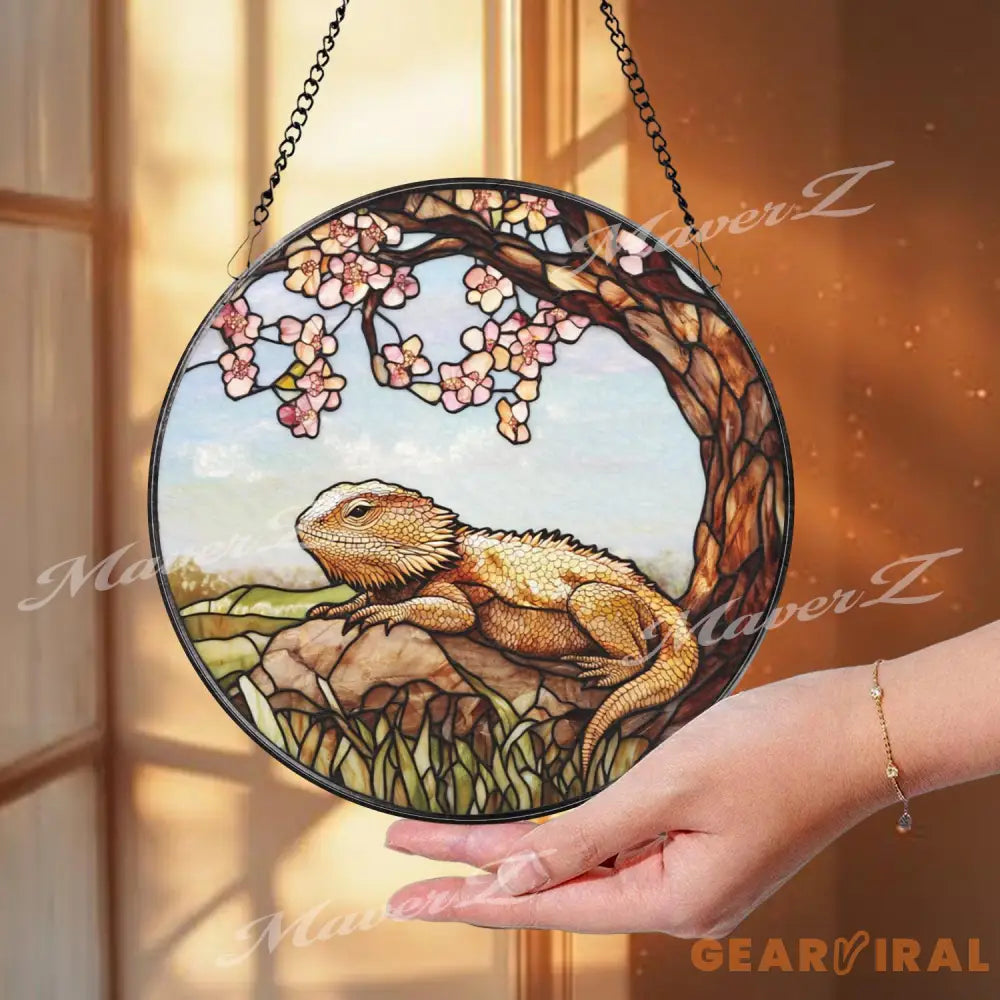 Bearded Dragon Stained Glass Suncatcher Lizard on Rock Under Cherry Blossom Tree Reptile Pet Window Panel Nature Decor