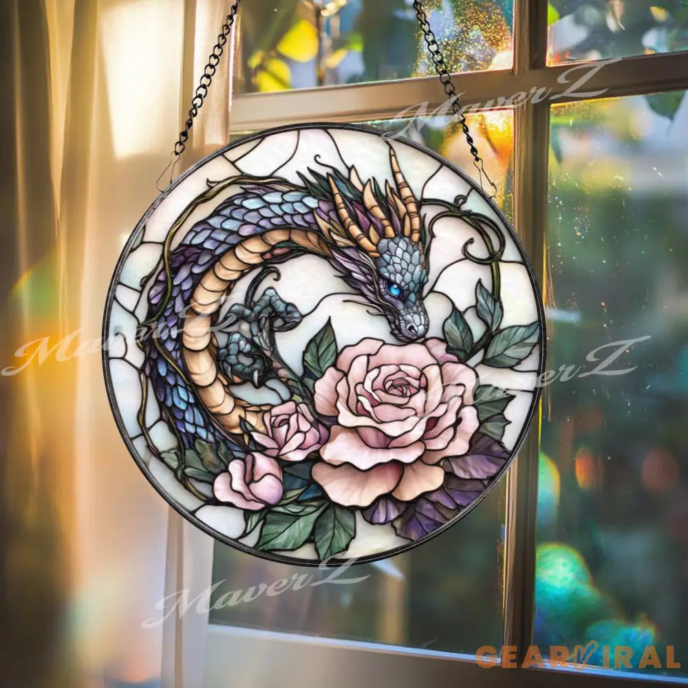 Bearded Dragon Stained Glass Suncatcher Lizard on Rock Under Cherry Blossom Tree Reptile Pet Window Panel Nature Decor
