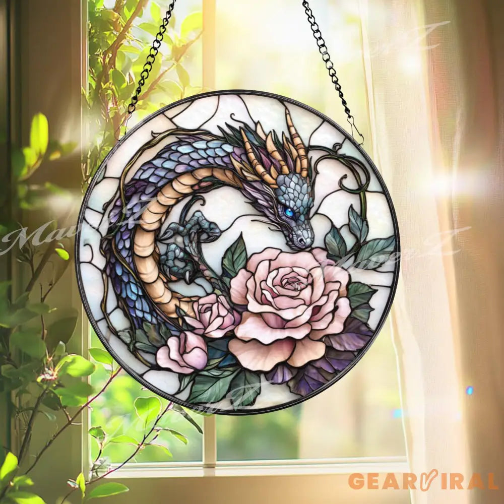 Bearded Dragon Stained Glass Suncatcher Lizard on Rock Under Cherry Blossom Tree Reptile Pet Window Panel Nature Decor