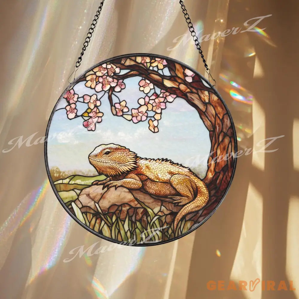 Bearded Dragon Stained Glass Suncatcher Lizard on Rock Under Cherry Blossom Tree Reptile Pet Window Panel Nature Decor