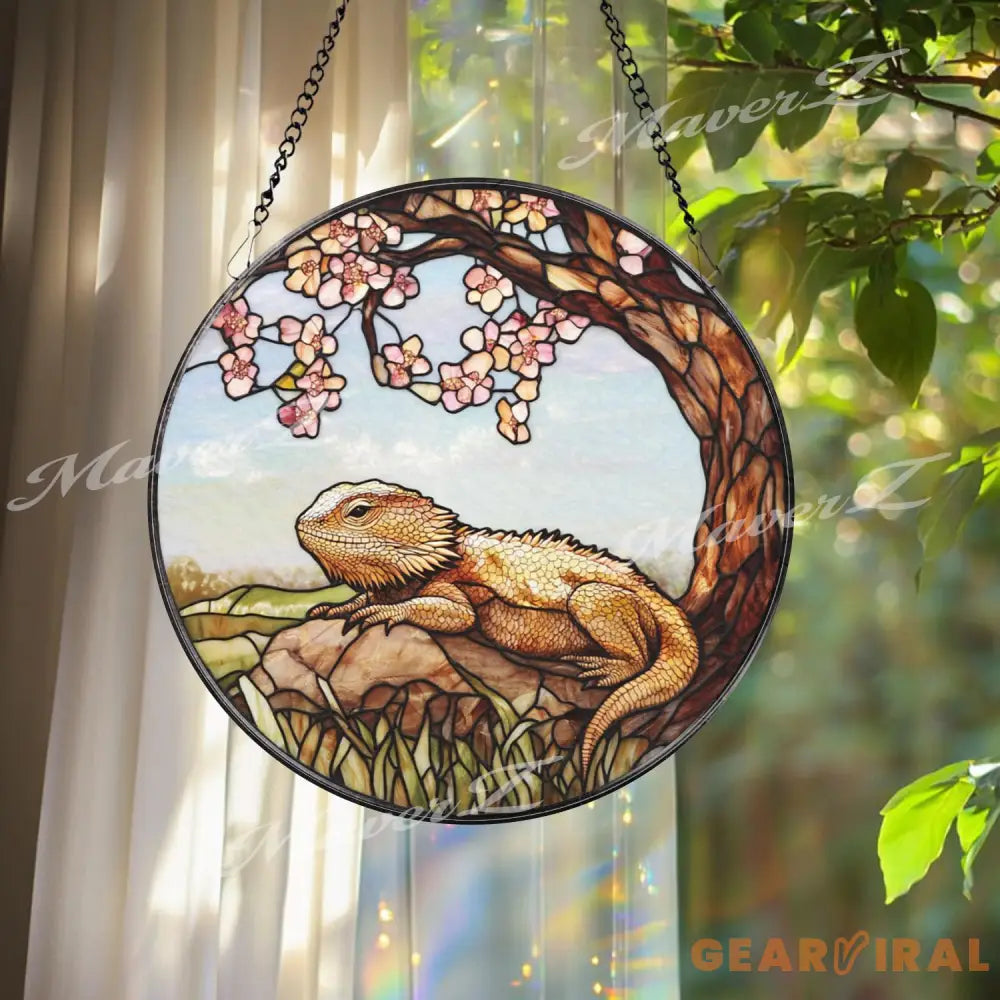 Bearded Dragon Stained Glass Suncatcher Lizard on Rock Under Cherry Blossom Tree Reptile Pet Window Panel Nature Decor