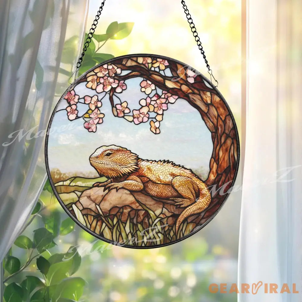 Bearded Dragon Stained Glass Suncatcher Lizard on Rock Under Cherry Blossom Tree Reptile Pet Window Panel Nature Decor