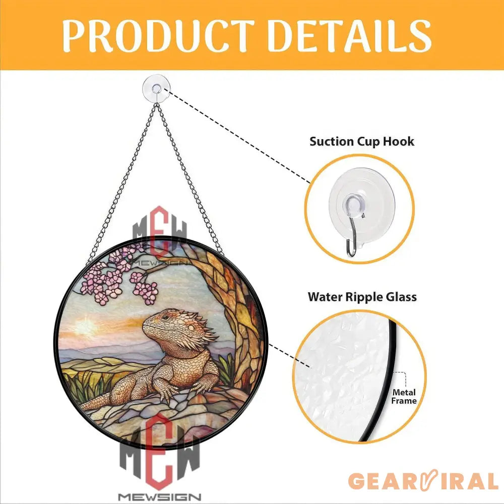 Bearded Dragon Stained Glass Suncatcher Reptile Window Hanging Art Lizard Round Glass Panel Decor Nature Gift for