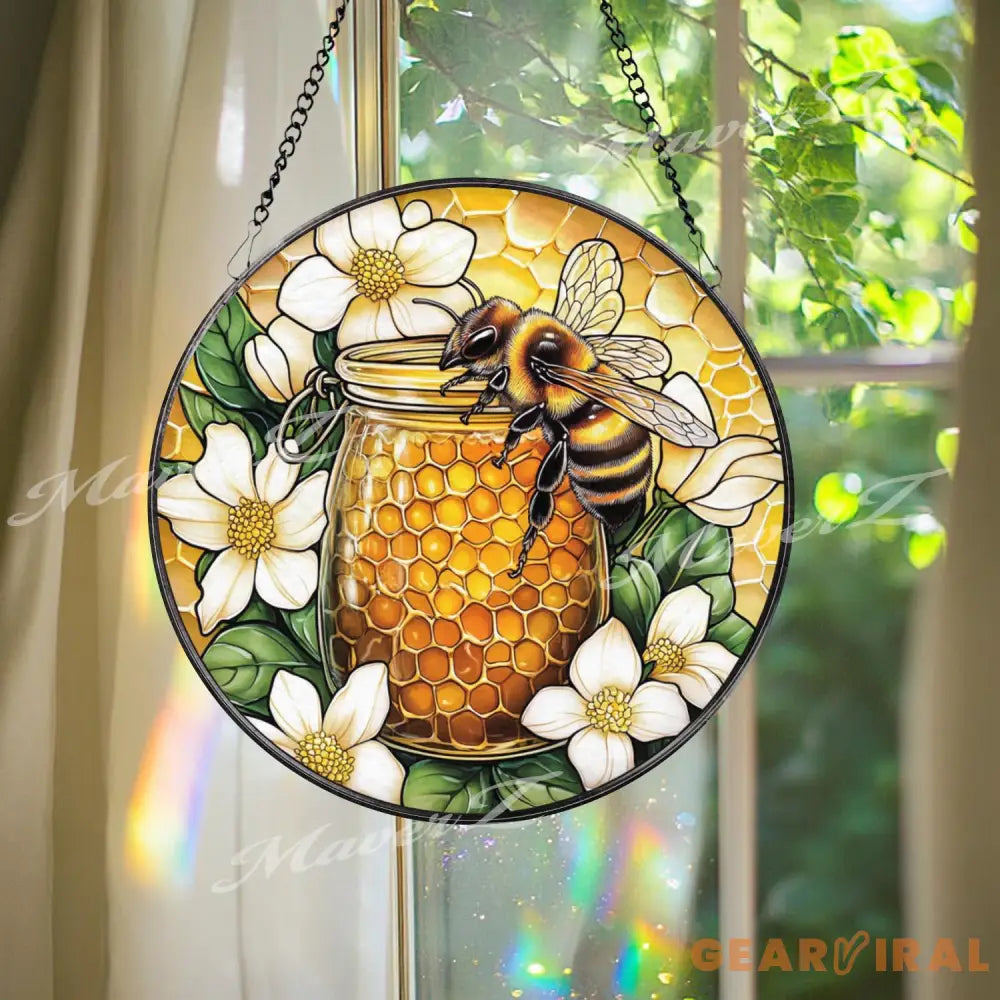 Bee and Honey Jar Stained Glass Suncatcher Floral Honeycomb Window Decor Nature-Inspired Gift for Gardeners and Bee