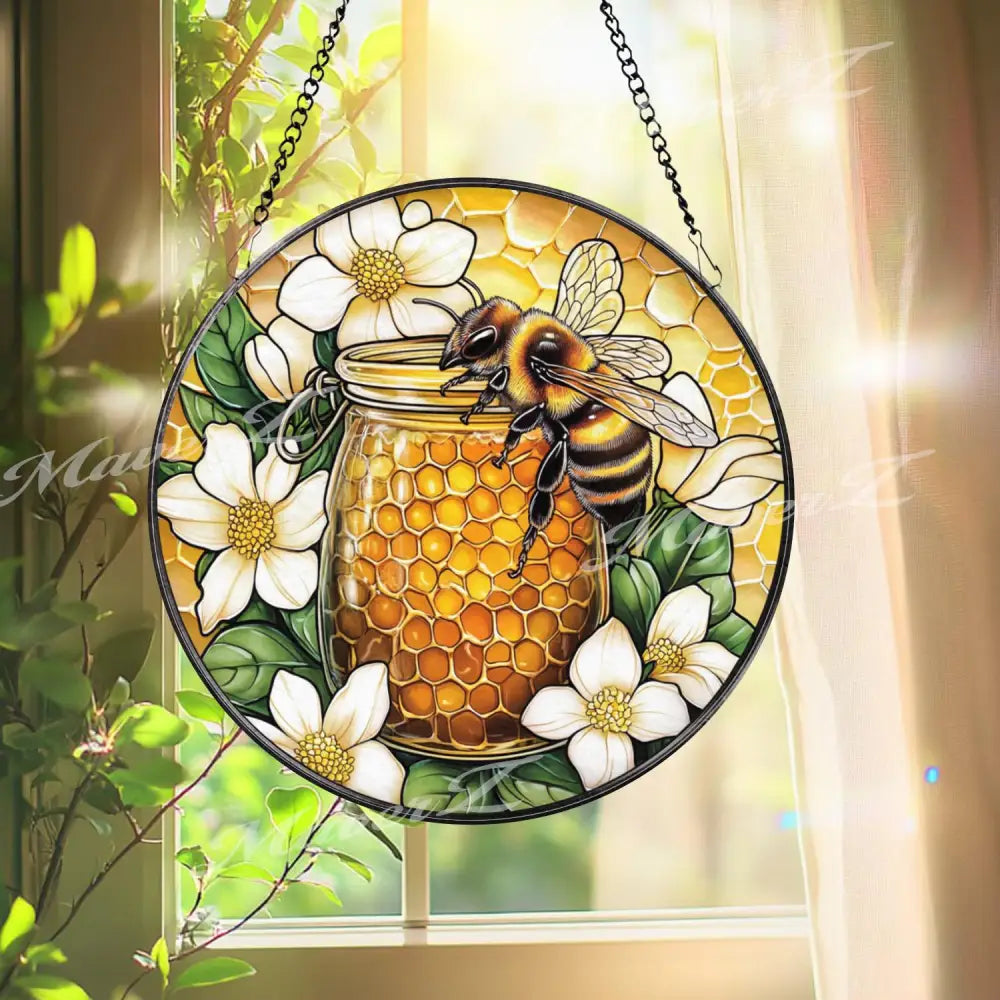 Bee and Honey Jar Stained Glass Suncatcher Floral Honeycomb Window Decor Nature-Inspired Gift for Gardeners and Bee
