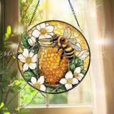 Bee and Honey Jar Stained Glass Suncatcher Floral Honeycomb Window Decor Nature-Inspired Gift for Gardeners and Bee