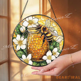 Bee and Honey Jar Stained Glass Suncatcher Floral Honeycomb Window Decor Nature-Inspired Gift for Gardeners and Bee