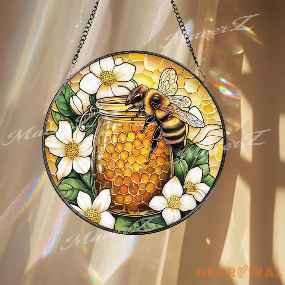 Bee and Honey Jar Stained Glass Suncatcher Floral Honeycomb Window Decor Nature-Inspired Gift for Gardeners and Bee