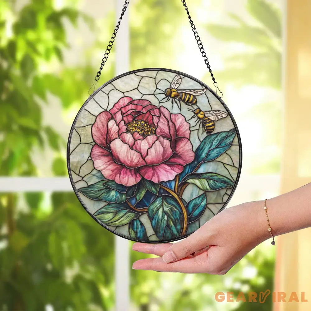 Bee and Peony Stained Glass Suncatcher Pink Floral Window Hanging Garden Flower Glass Art Nature-Inspired Gift for Her