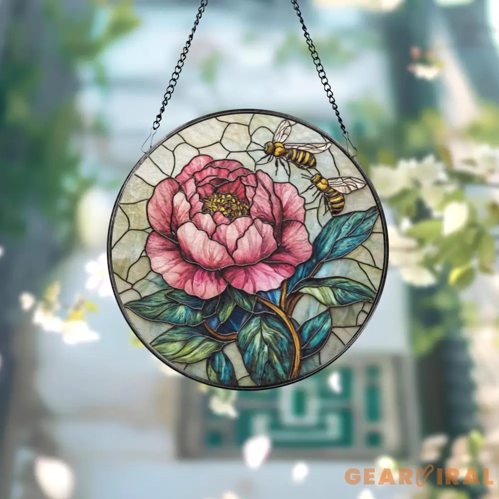 Bee and Peony Stained Glass Suncatcher Pink Floral Window Hanging Garden Flower Glass Art Nature-Inspired Gift for Her