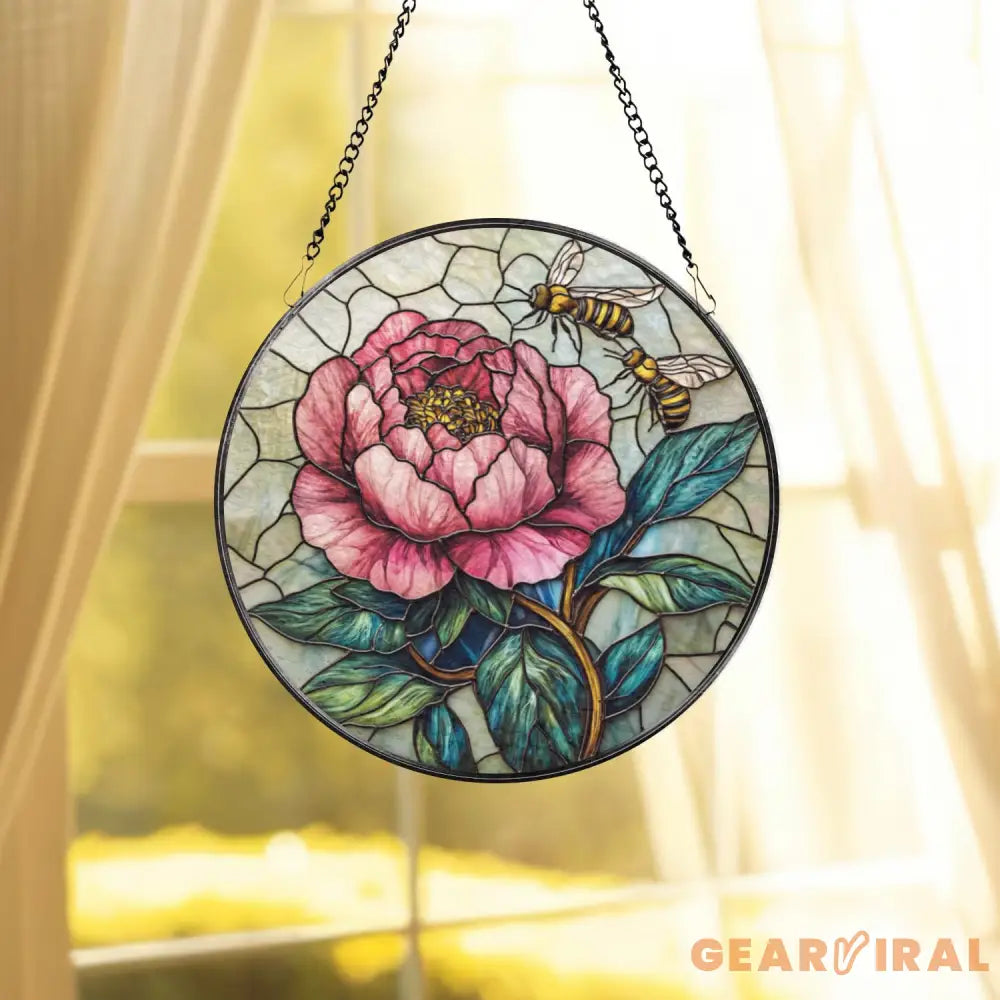 Bee and Peony Stained Glass Suncatcher Pink Floral Window Hanging Garden Flower Glass Art Nature-Inspired Gift for Her