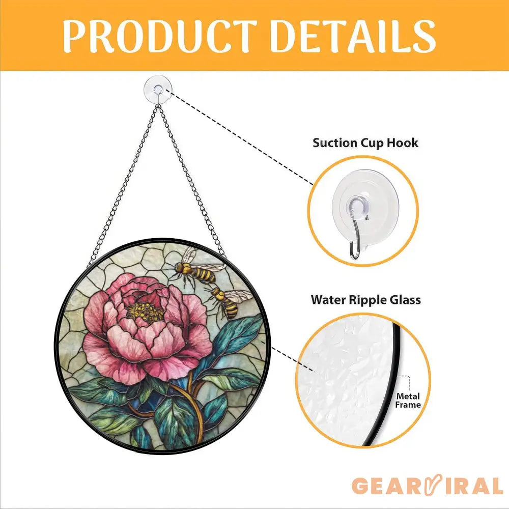 Bee and Peony Stained Glass Suncatcher Pink Floral Window Hanging Garden Flower Glass Art Nature-Inspired Gift for Her