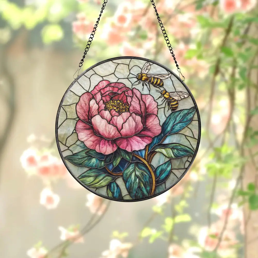 Bee and Peony Stained Glass Suncatcher Pink Floral Window Hanging Garden Flower Glass Art Nature-Inspired Gift for Her