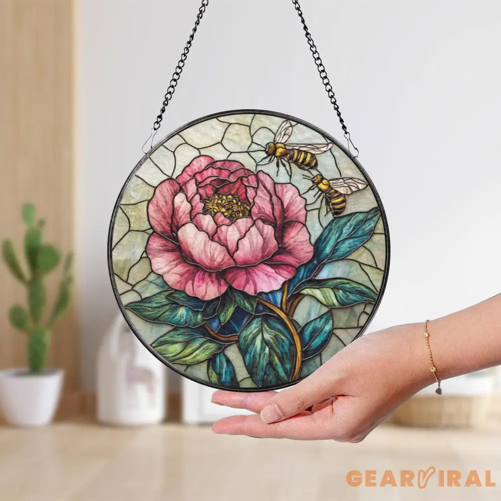 Bee and Peony Stained Glass Suncatcher Pink Floral Window Hanging Garden Flower Glass Art Nature-Inspired Gift for Her