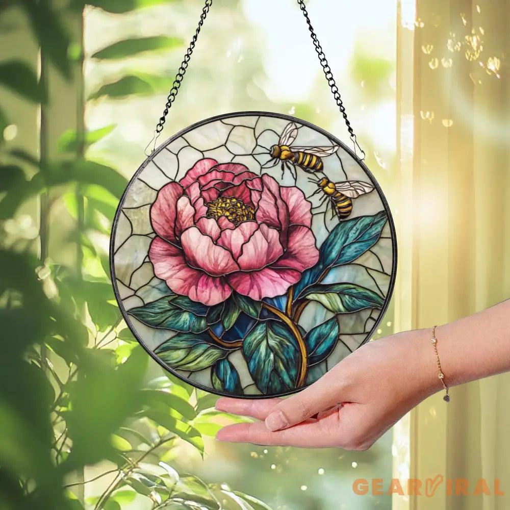 Bee and Peony Stained Glass Suncatcher Pink Floral Window Hanging Garden Flower Glass Art Nature-Inspired Gift for Her