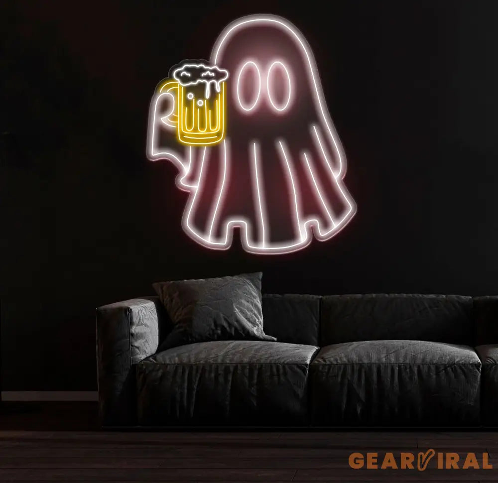 Beer Ghost Neon Sign - Bar Neon LED Sign Beer Lover Pub Decor Welcome Sign for Men Light Up Basement or Outdoor Bar
