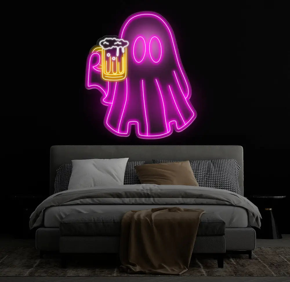 Beer Ghost Neon Sign - Bar Neon LED Sign Beer Lover Pub Decor Welcome Sign for Men Light Up Basement or Outdoor Bar